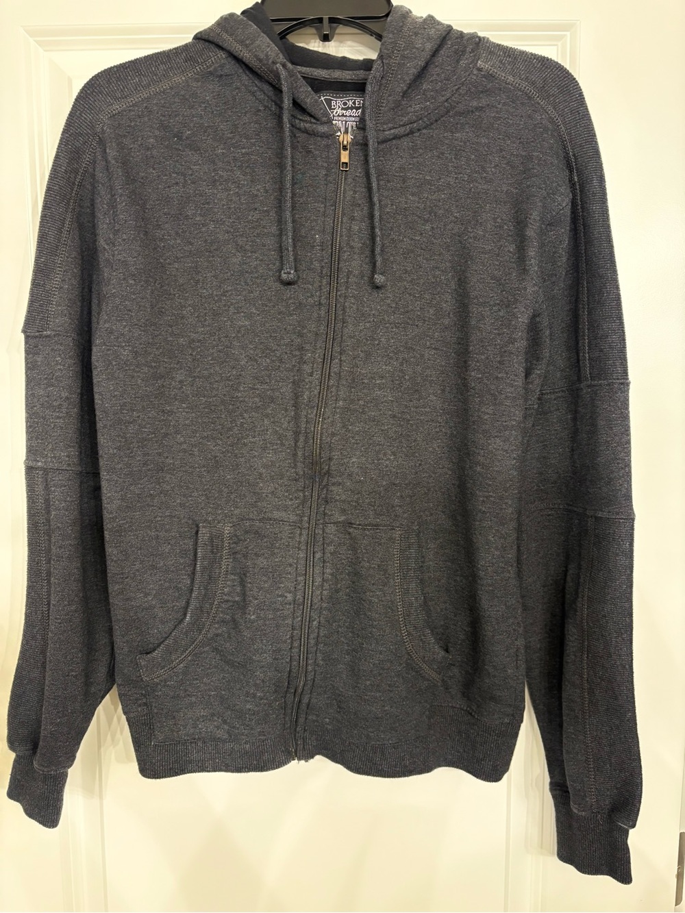 Broken Threads Charcoal Full Zip Hoodie Sweater Knit Ribbed Sleeve Casual